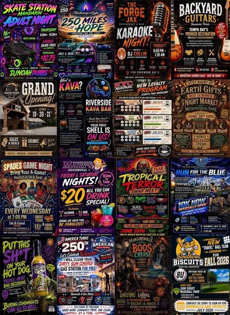 Grid of near-identical AI-generated local business flyers